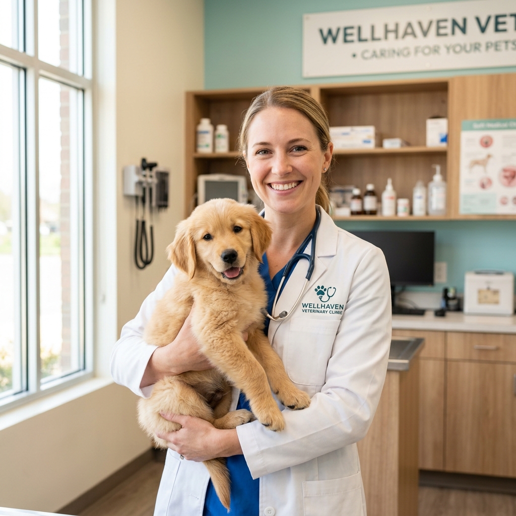 Veterinarian caring for a golden retriever puppy