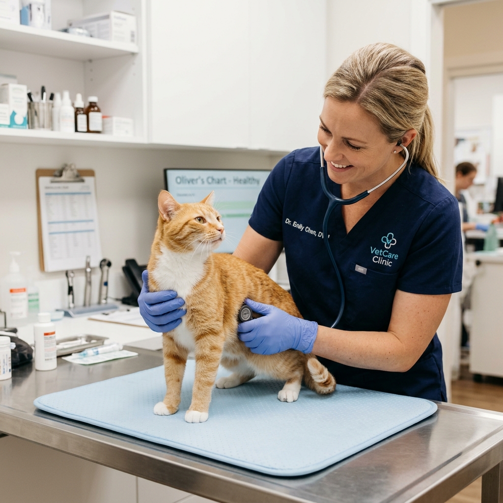 Veterinarian performing a wellness exam on a cat